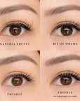 Four self adhesive eyelash cluster looks labeled 'Natural Pretty', 'Bit of Drama', 'Twinkle', and 'Twinkle' with additional text.