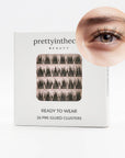 Eyelash packaging with a close-up of an eye wearing the press on cluster lashes, branded 'prettyinthecity Beauty'.