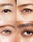 Close-up of press on lashes on different eye shapes and colors on a neutral background