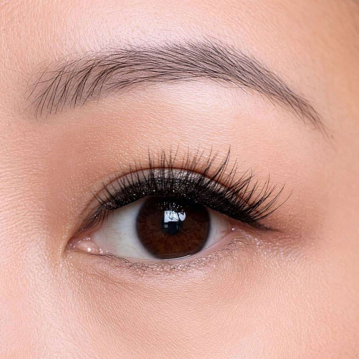 Close-up of a brown eye with full looking press on lash clusters and well-groomed eyebrow.