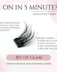 Promotional image of pre glued lash cluster with text highlighting features and benefits on a light pink background.
