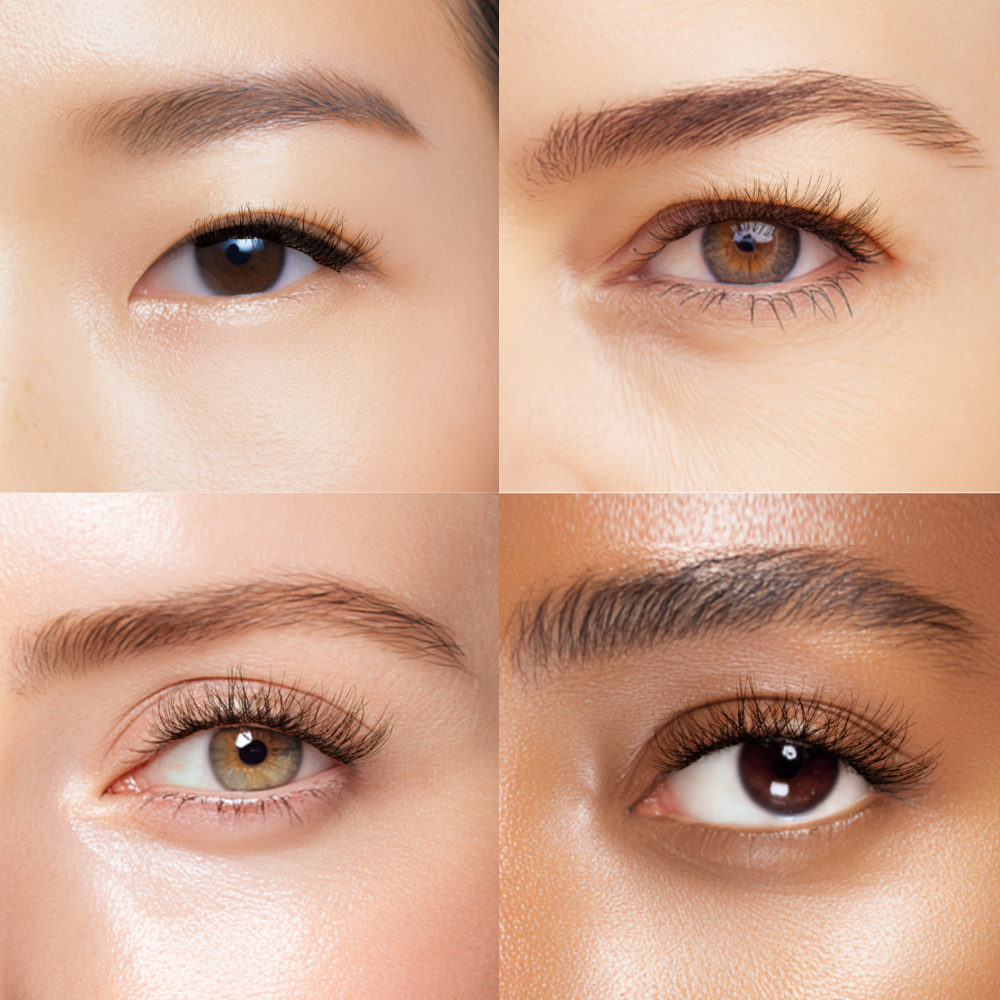 Close-up of pre glued lashes on different person's eyes 