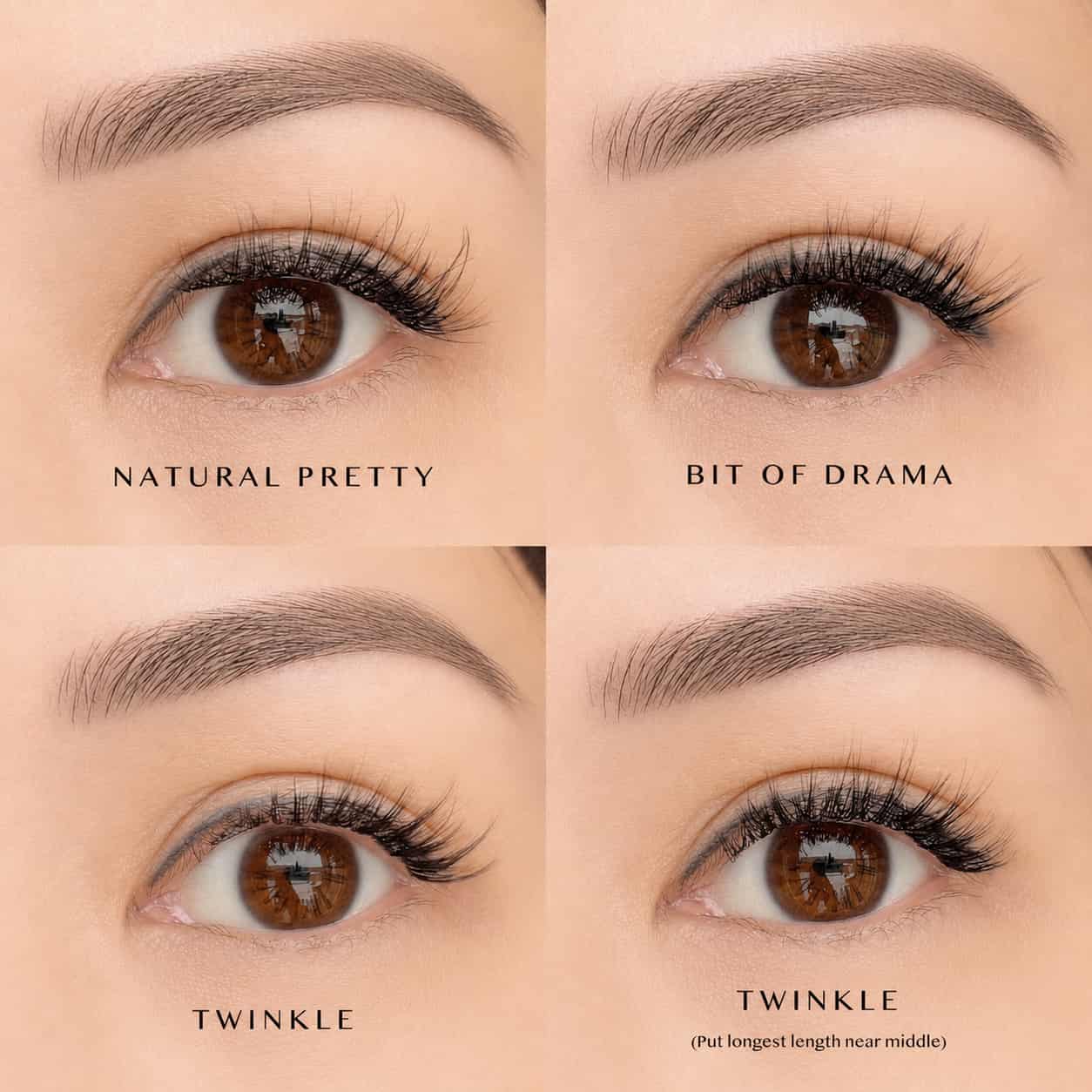 Four self adhesive eyelash cluster looks labeled 'Natural Pretty', 'Bit of Drama', 'Twinkle', and 'Twinkle' with additional text.