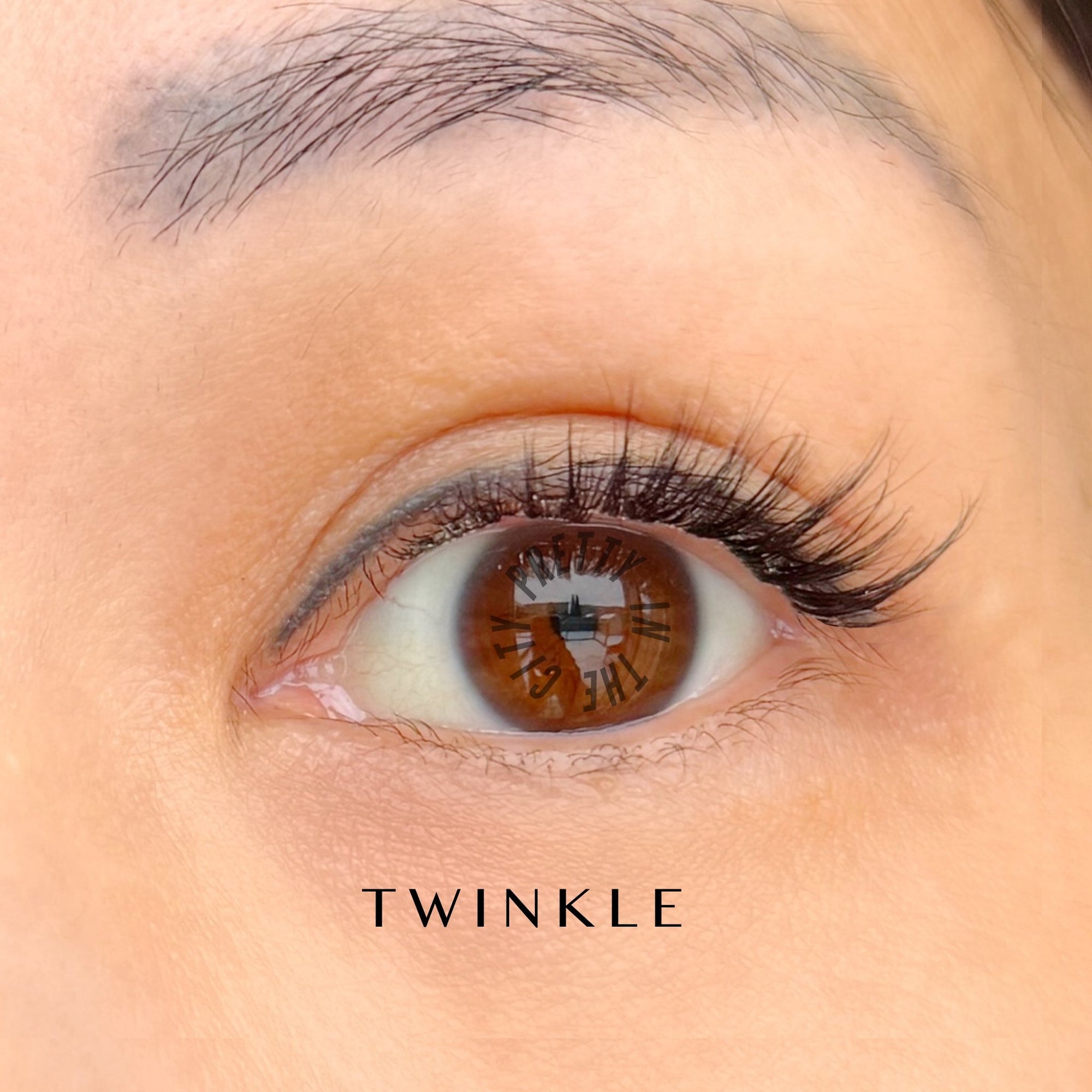 Close-up of an eye with false eyelashes labeled 'twinkle'.