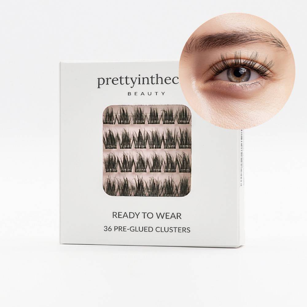 Eyelash packaging with a close-up of an eye wearing the press on cluster lashes, branded 'prettyinthecity Beauty'.