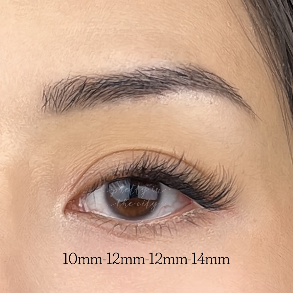 Close-up of an eye with false eyelashes and it&#39;s lash map labeled in millimeters.