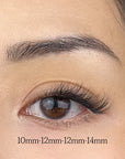 Close-up of an eye with false eyelashes and it's lash map labeled in millimeters.