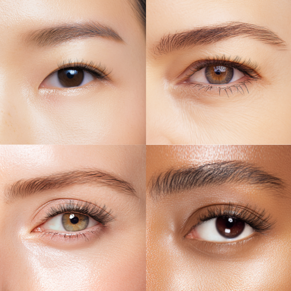 Close-up of press on lashes on different eye shapes and colors on a neutral background