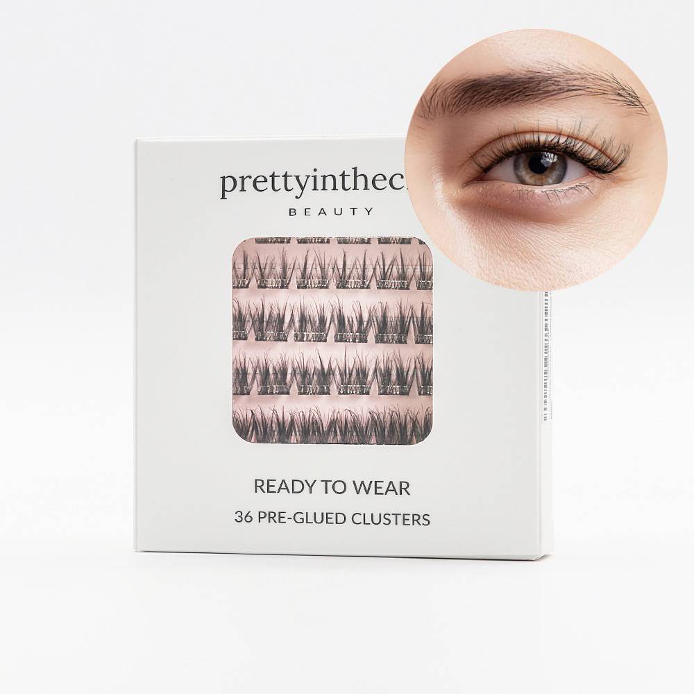 Eyelash packaging with a close-up of an eye wearing the press on false eyelashes, branded 'prettyinthecity Beauty'.