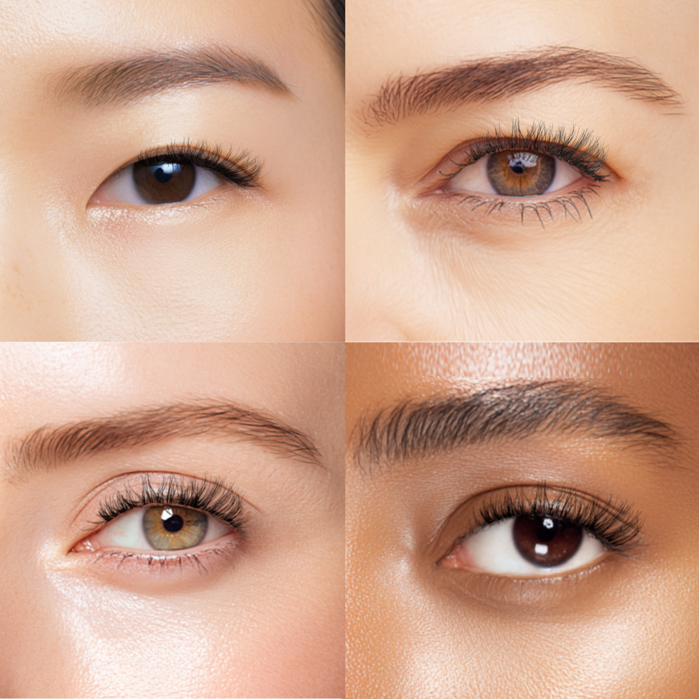 Collage of close-up shots of  false lashes on eyes with different skin tones.