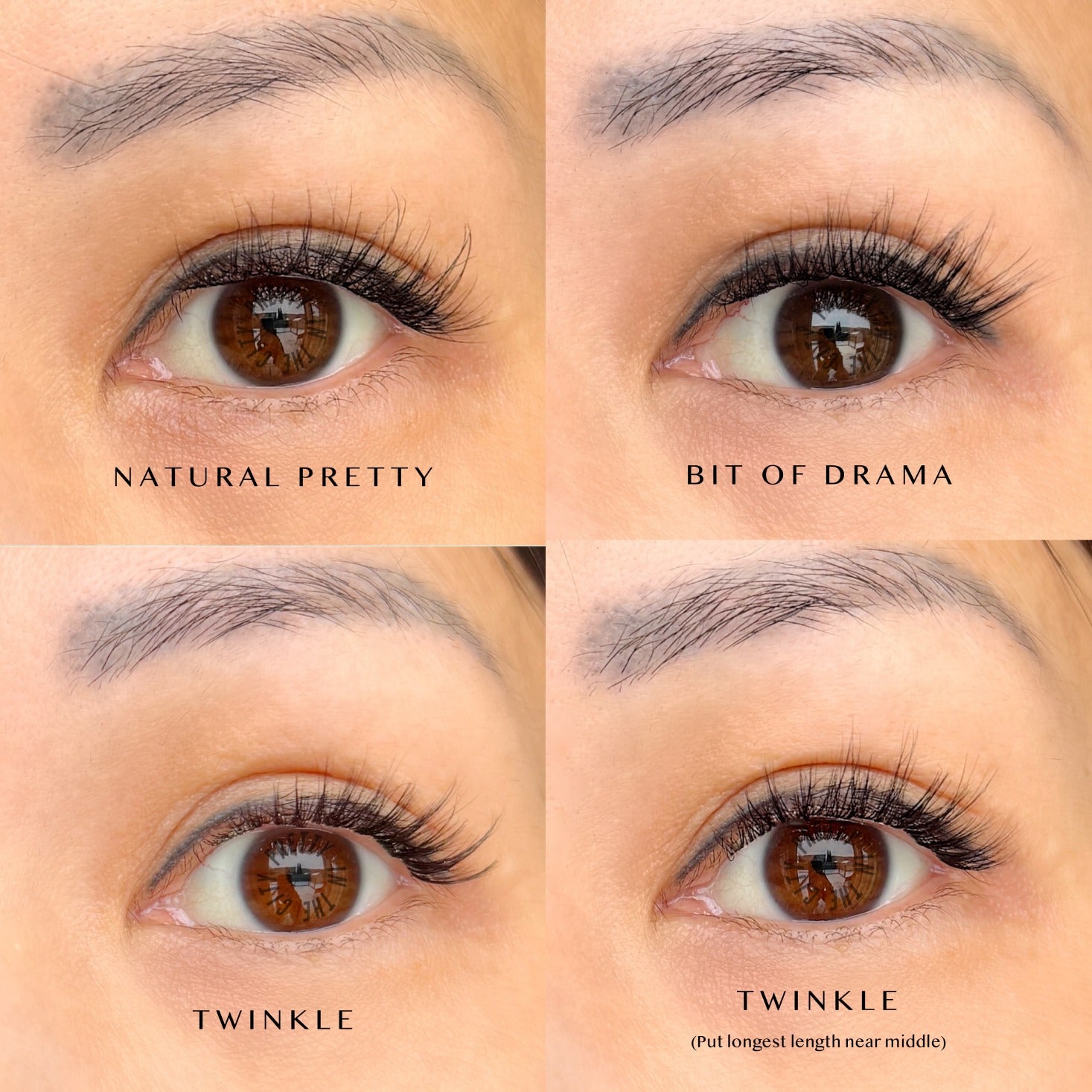 Four eyelash cluster looks labeled 'Natural Pretty', 'Bit of Drama', 'Twinkle' on a close-up of an eye.