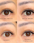 Four eyelash cluster looks labeled 'Natural Pretty', 'Bit of Drama', 'Twinkle' on a close-up of an eye.