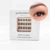 Eyelash packaging with a close-up of applied self adhesive eyelash cluster on a white background